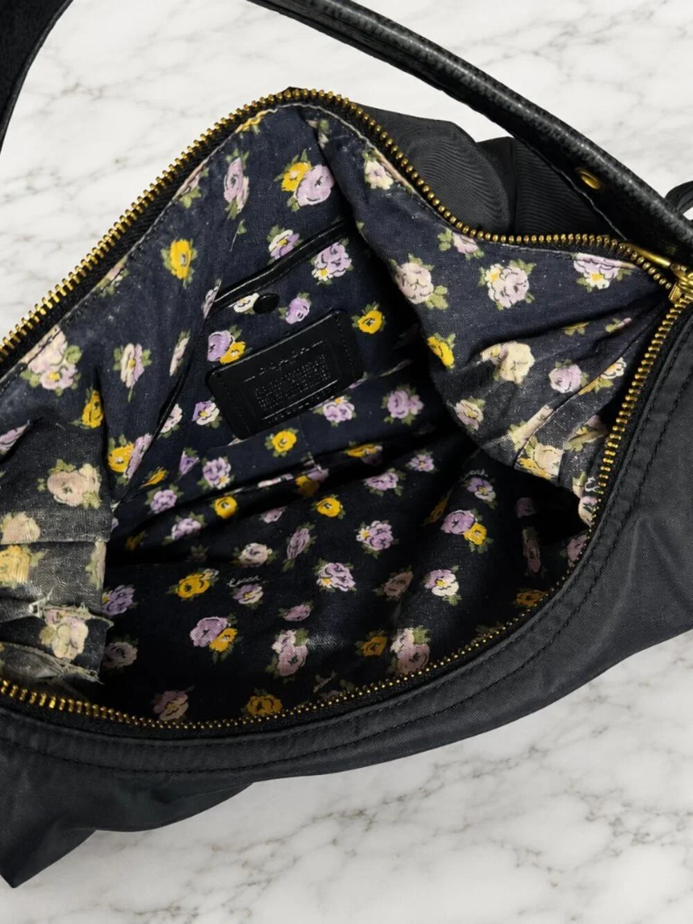 Coach Cargo Hobo Bag Black Nylon Pebble Leather Floral Rose Lining 3171